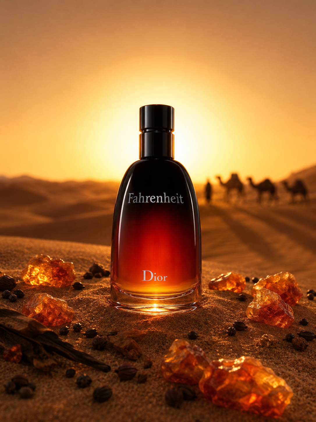 Visuel produit Dior Fahrenheit dans un desert au coucher du soleil